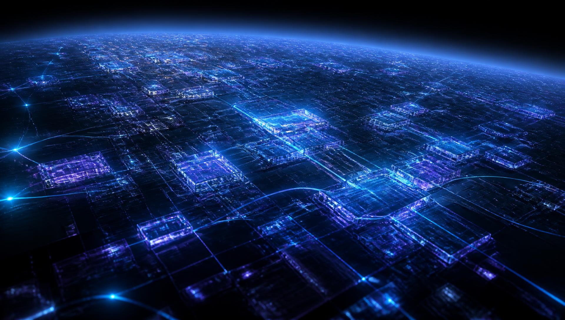 Satellite style view of the Internet as an illuminated digital landscape